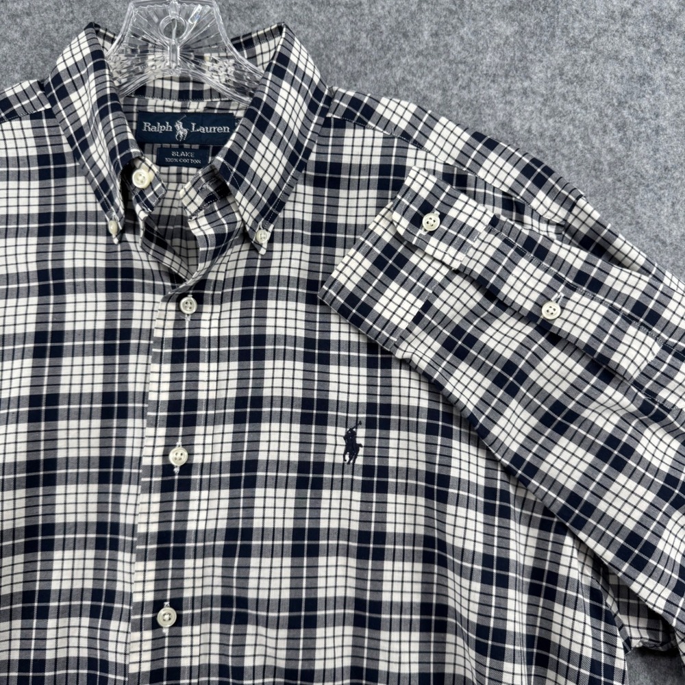 Ralph Lauren Blake Button Down Shirt Mens M Navy White Plaid Cotton Long Sleeve